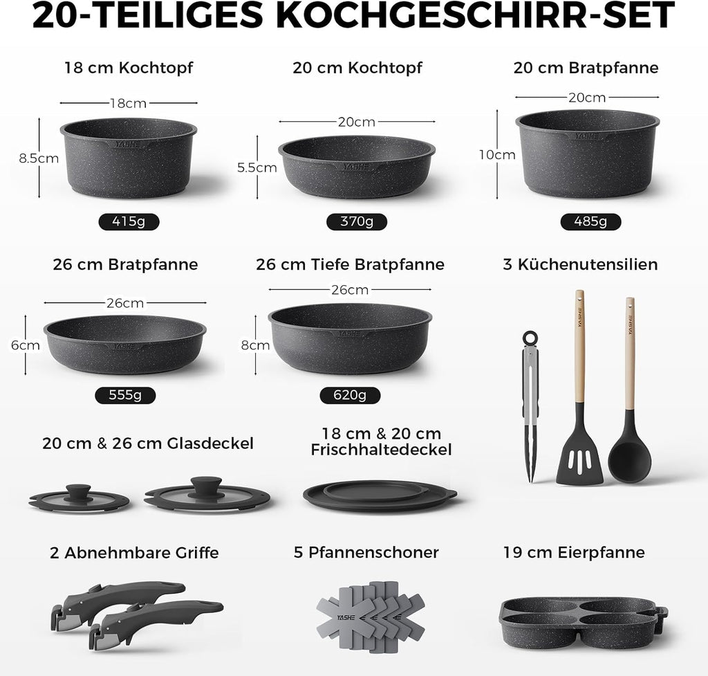 YASHE Topf- und Pfannenset 20-teilig mit abnehmbaren Griffen Induktion Grau