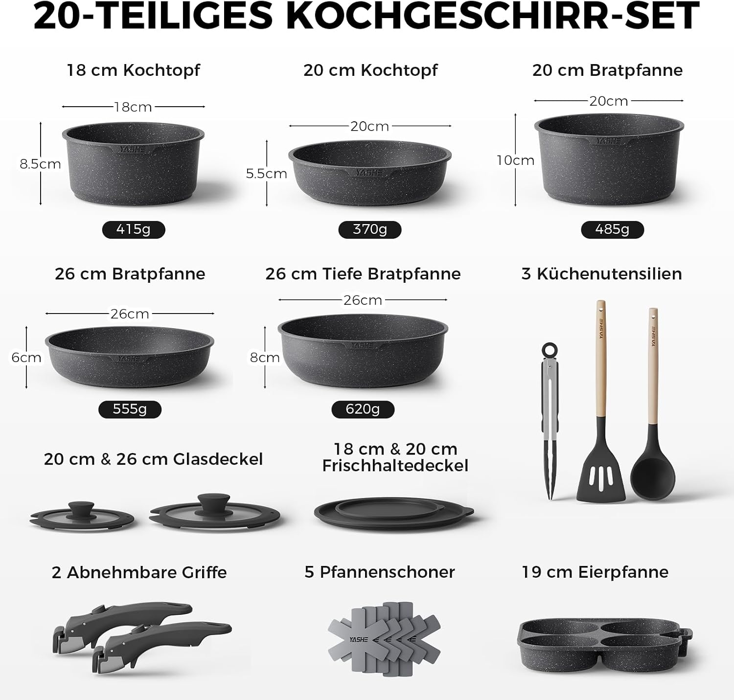 YASHE Topf- und Pfannenset 20-teilig mit abnehmbaren Griffen Induktion Grau