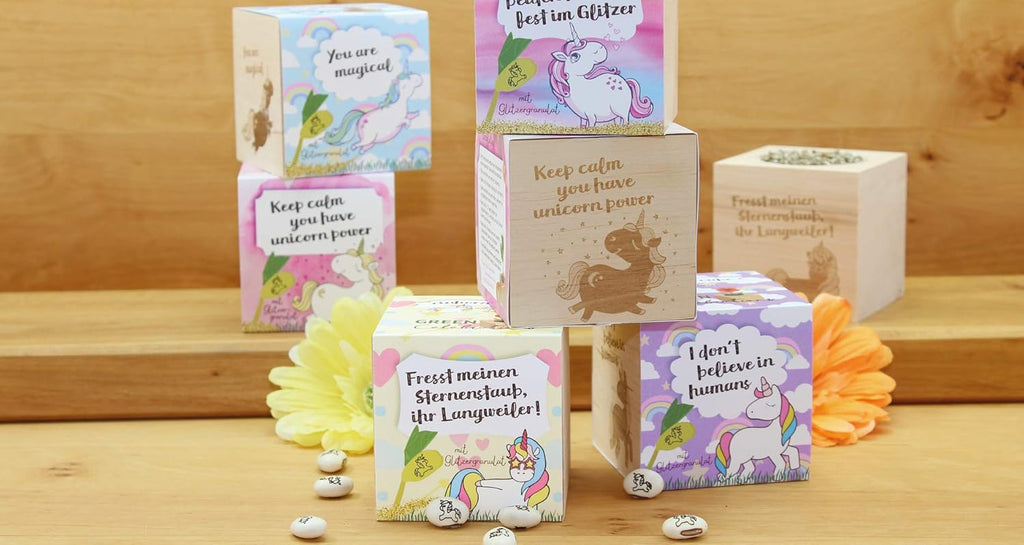 Ecocube Einhornbohne Anzuchtset im Holzwuerfel Pflanze Geschenk