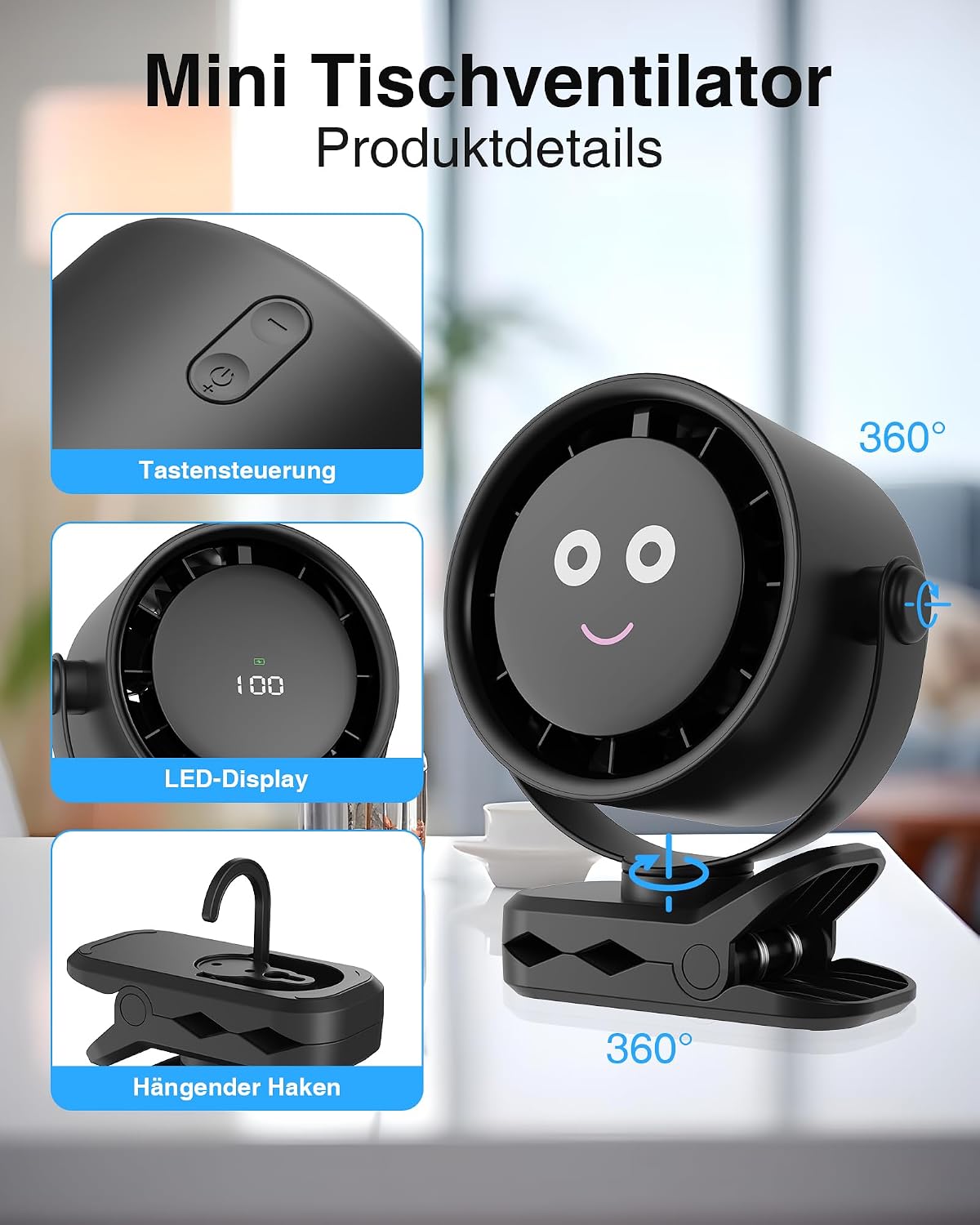 Fitabok Tischventilator mit Clip USB 5 Stufen LED Display 720° drehbar