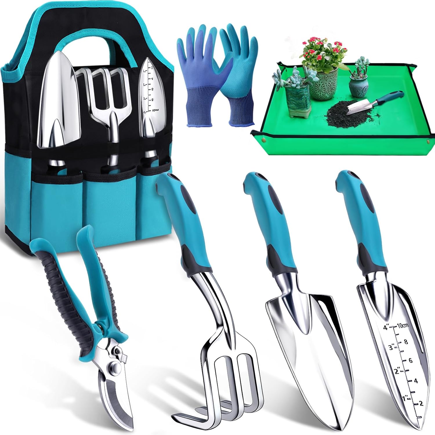 Kynup 7-teiliges Gartenwerkzeug-Set mit Tasche, ergonomische Griffe
