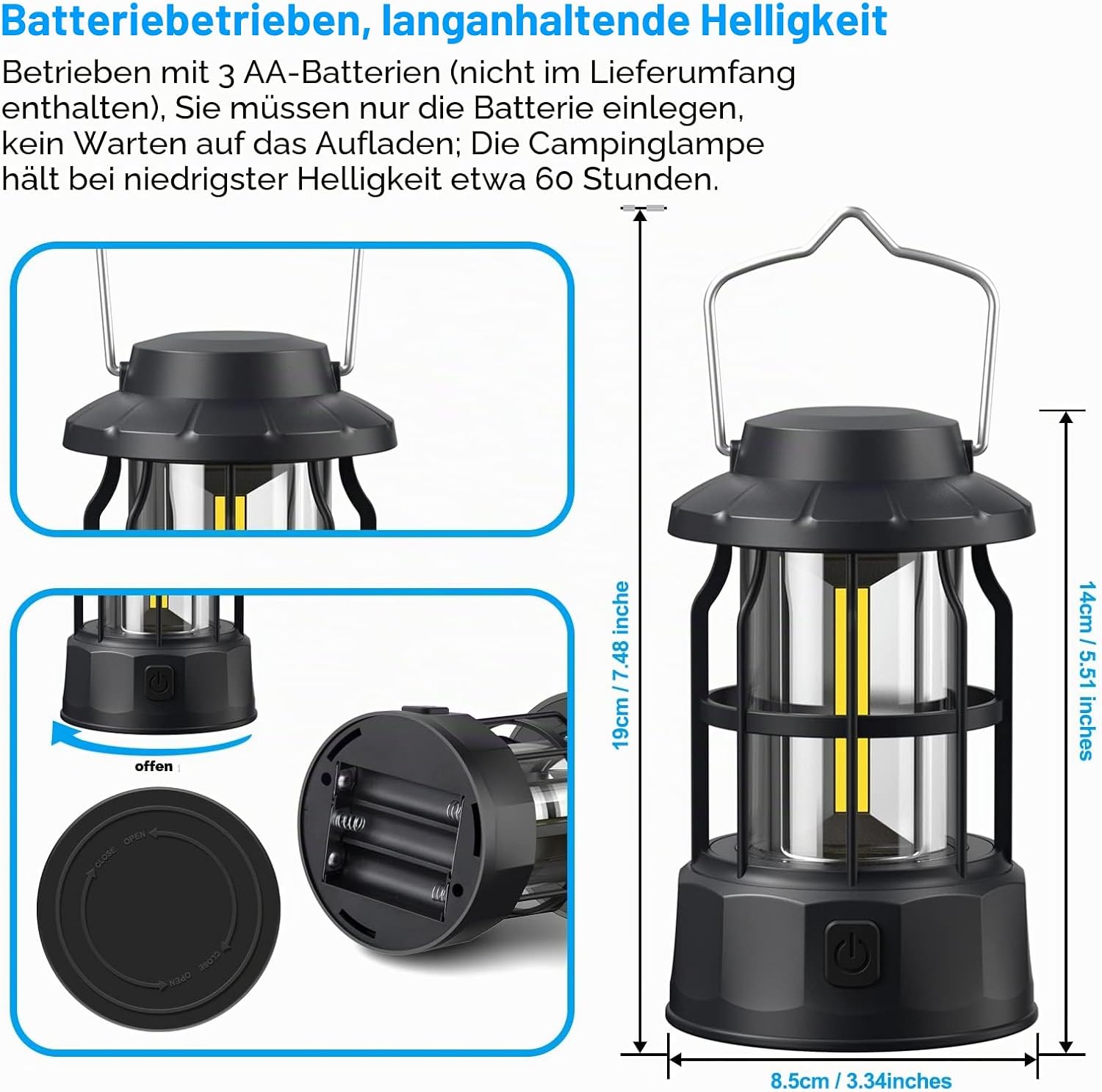 2er LED Campinglampe batteriebetrieben IPX4 wasserdicht dimmbar fuer Wandern Ange