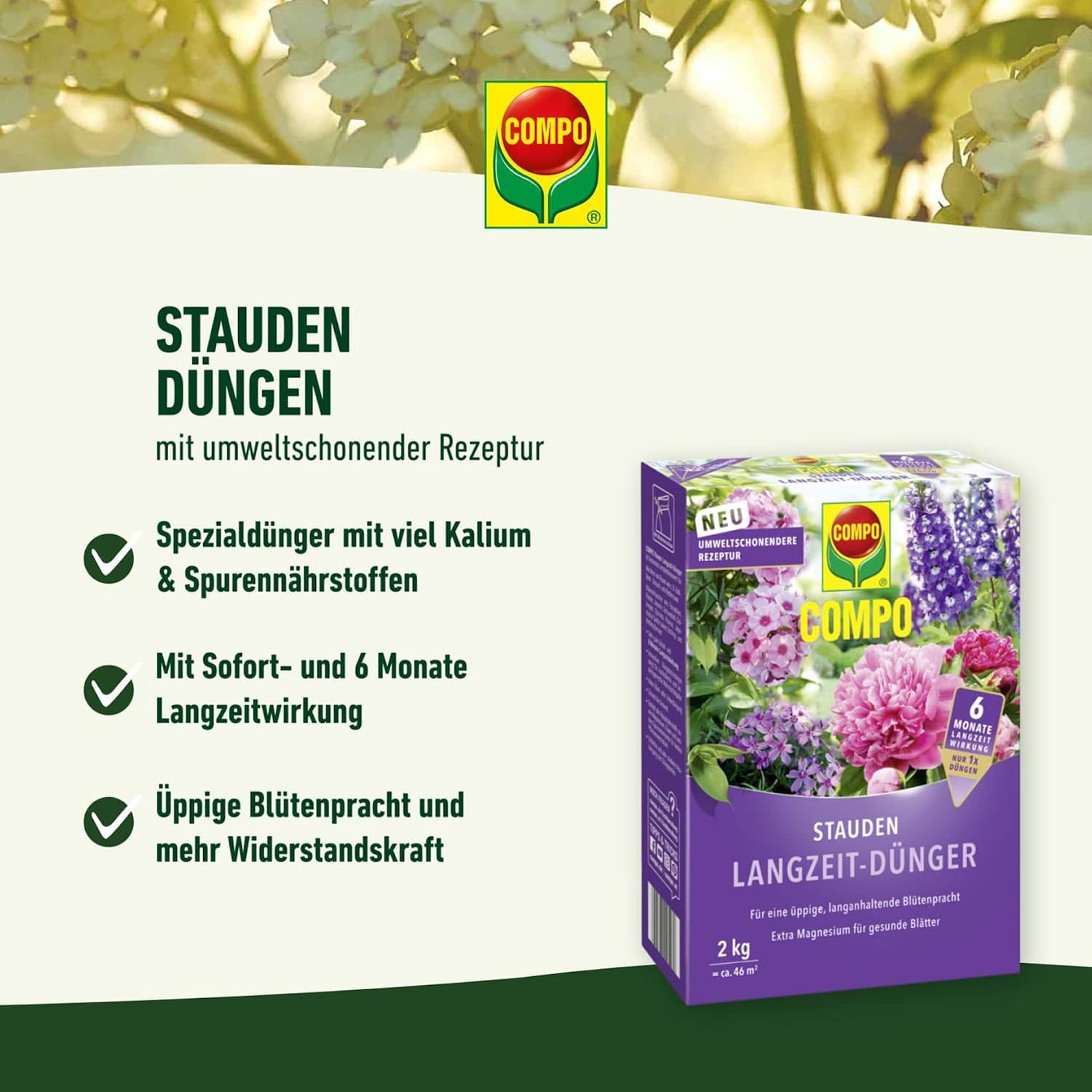 COMPO Stauden Langzeitduenger 2 kg fuer bluehende Stauden, Langzeitwirkung