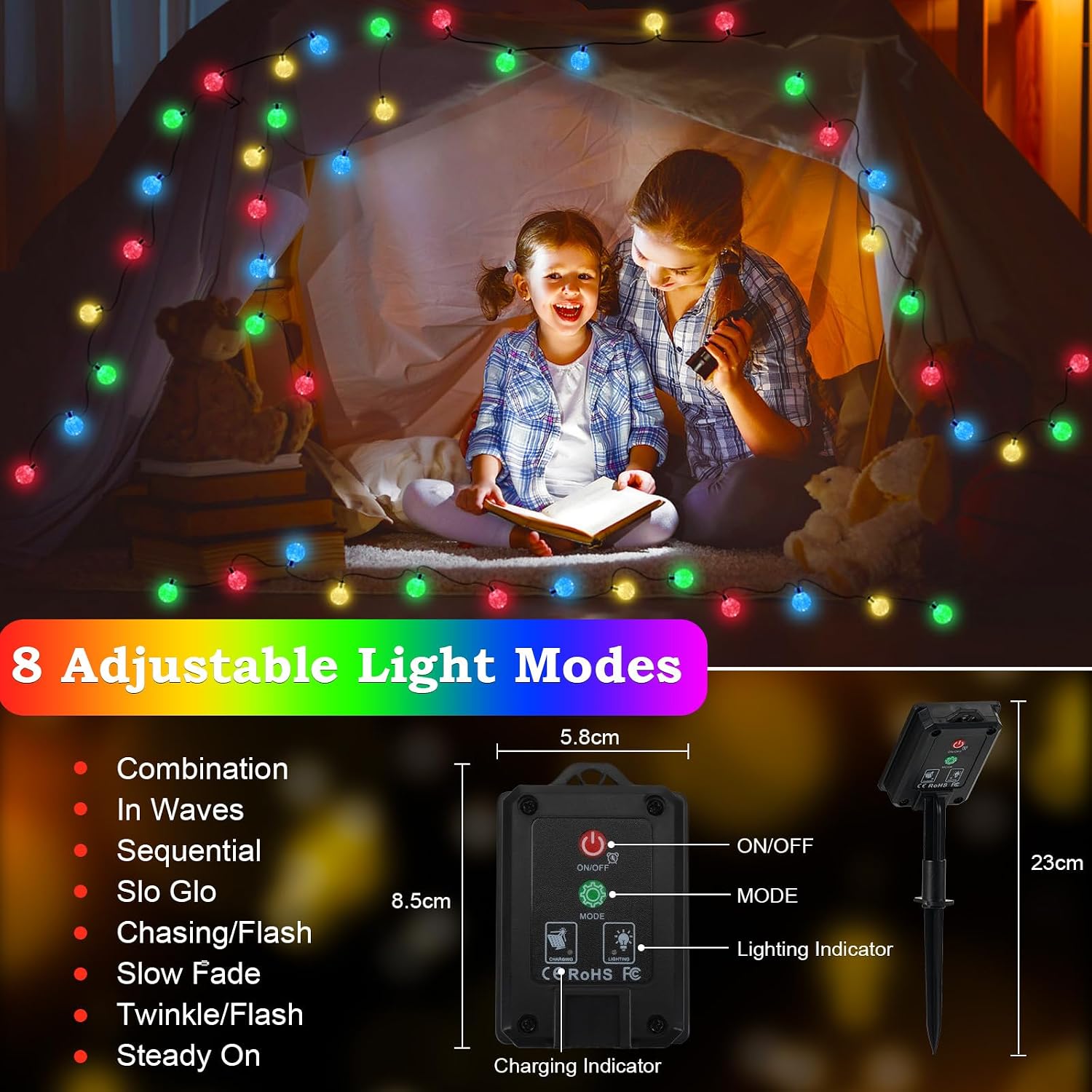 Solar Lichterkette 60 LED Warmweiss 3m+10,2m IP65 8 Modi fuer Garten Balkon