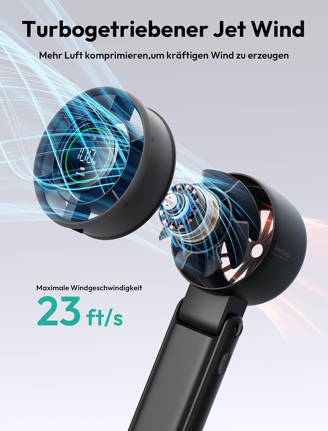 Aecooly Mini Handventilator 5000mAh Akku klappbar 22h 5 Stufen LED-Display schwa