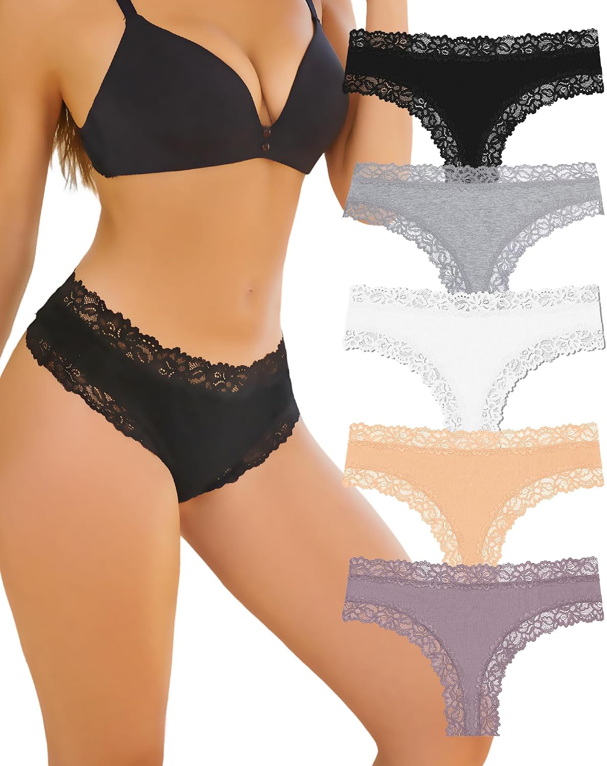ALL OF SHE Damen Brazilian Slip mit Spitze, Baumwolle, atmungsaktiv, 5er Pack XS