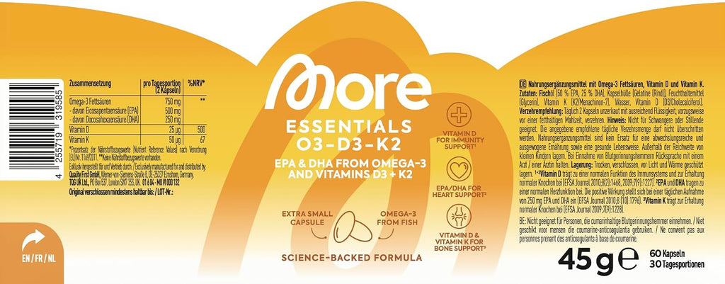 MORE Essentials O3-D3-K2 Fischoel 60 Kapseln EPA 500mg DHA 250mg Vitamin D3 K2