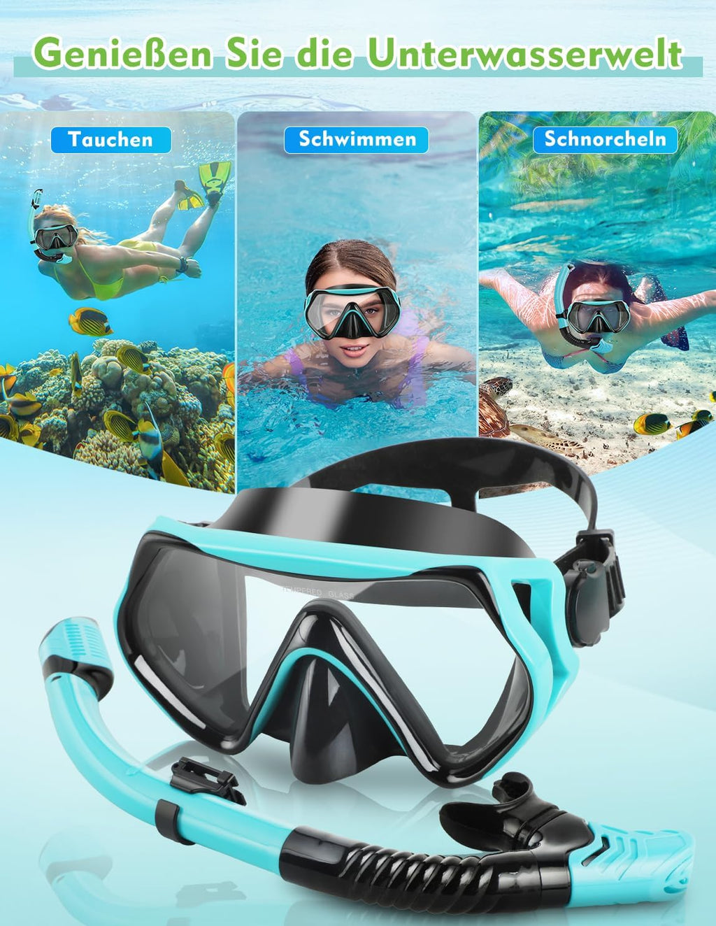 Hydomi Taucherbrille mit 180° Panorama Sicht und Dry-Top Schnorchel, Erwachsene