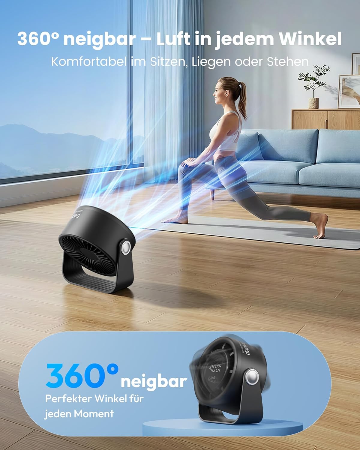 Gaiatop Akku Tischventilator USB 5 Stufen 360° neigbar Touch-Display Schwarz