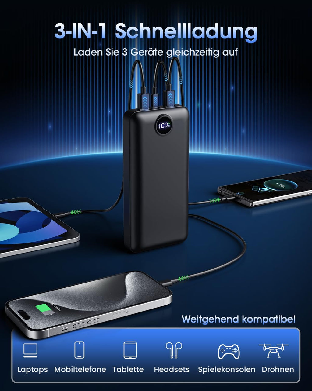 PowerBank 50000 mAh 22,5W USB-C Powerbank 3 Ausgaenge 2 Eingaenge LED Display