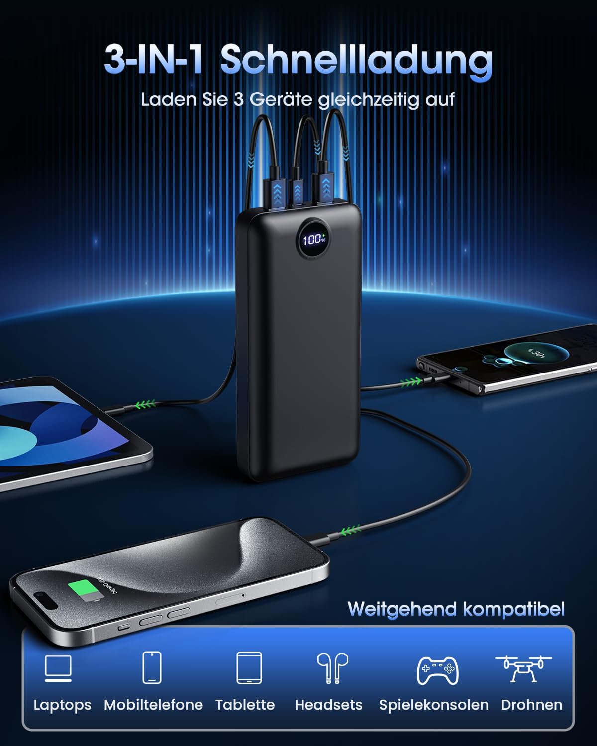 PowerBank 50000 mAh 22,5W USB-C Powerbank 3 Ausgaenge 2 Eingaenge LED Display