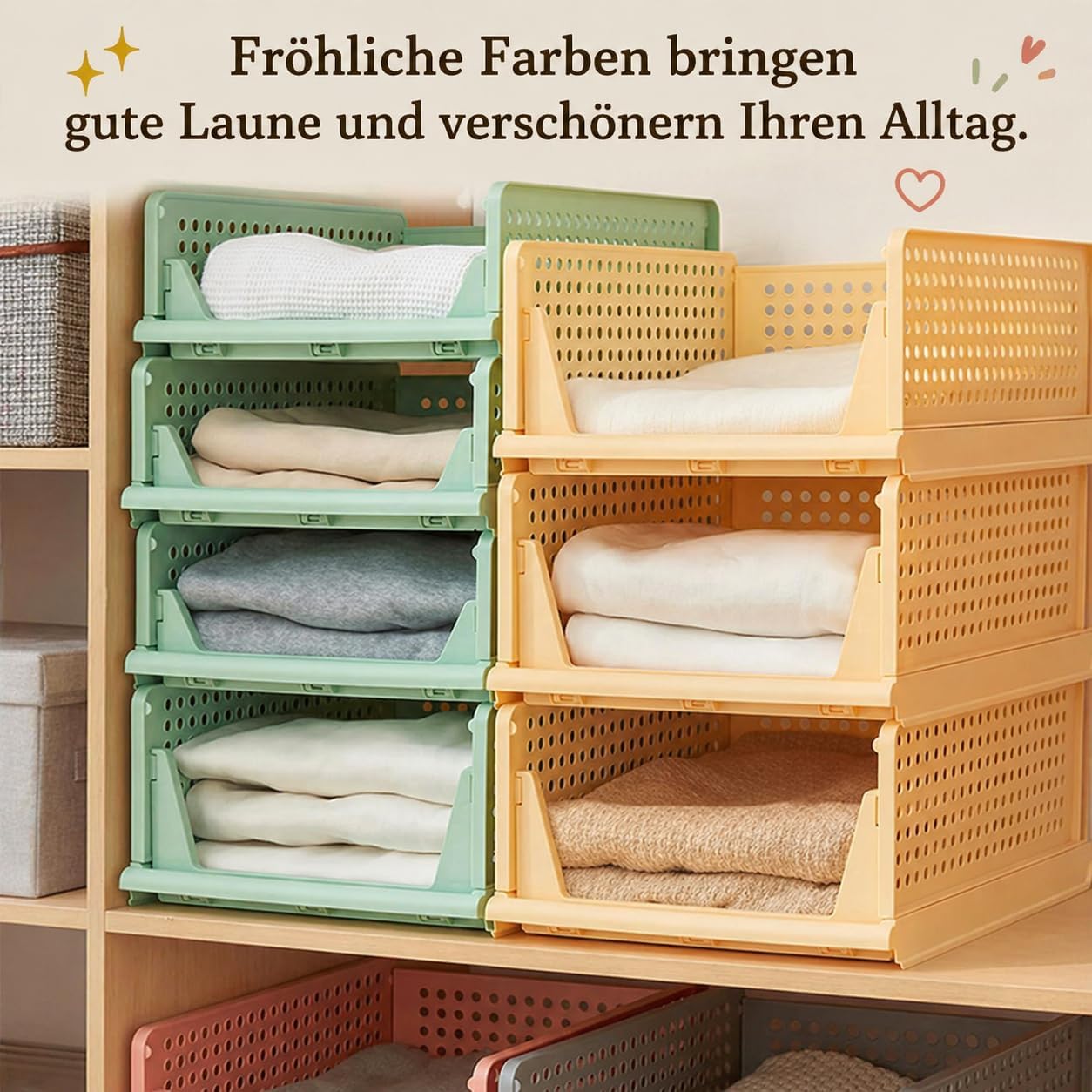 4er Set Stapelboxen Kleiderschrank Organizer Kunststoff Grau RMAN