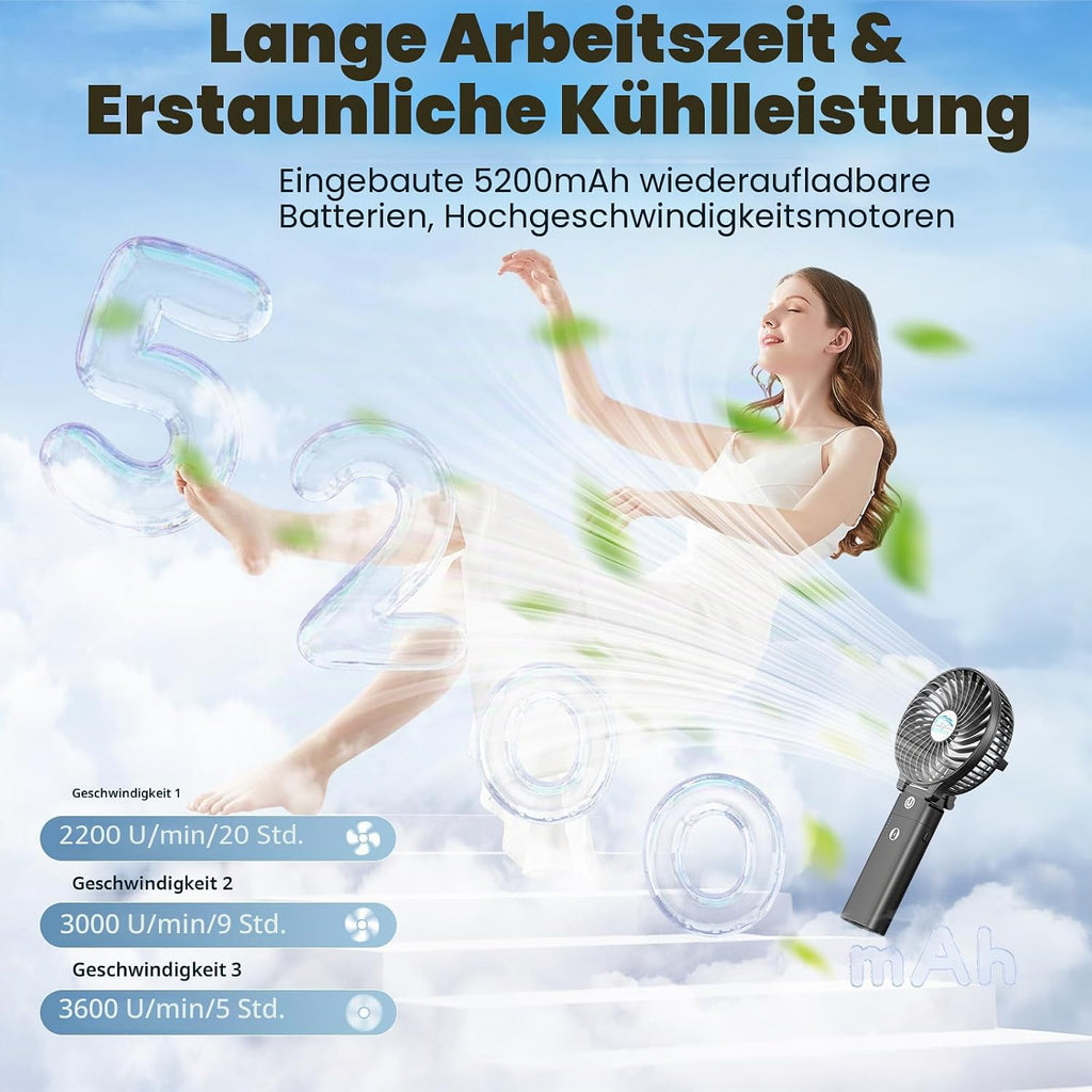 HandFan 5200mAh Akku Ventilator 3 Stufen 180° faltbar USB Powerbank