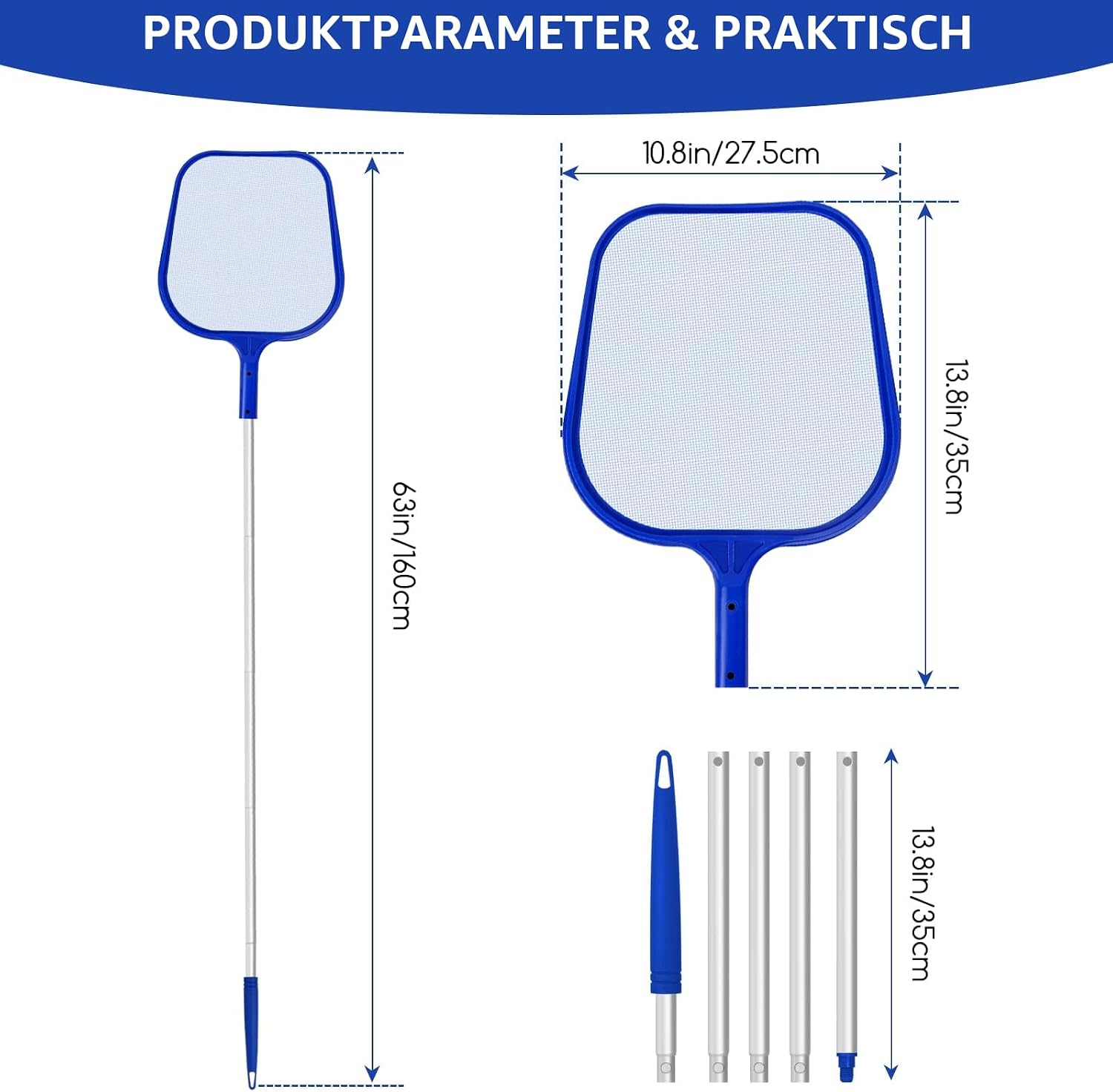 Jsdoin Teichkescher 120 cm Teleskopstange feinmaschiges Nylonnetz fuer Pool