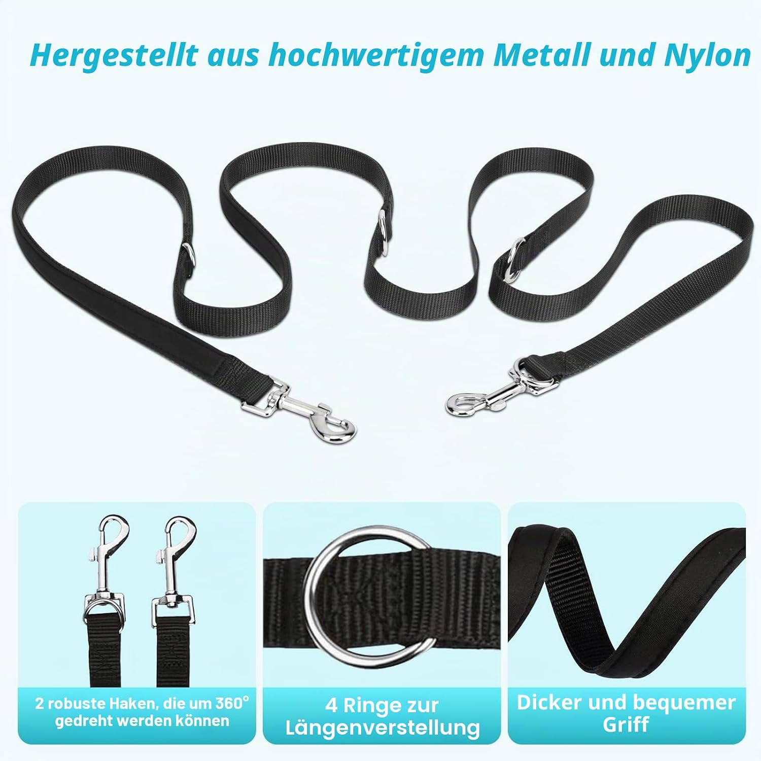 oneisall Hundeleine 2,5 m verstellbar Nylon Führleine Übungsleine schwarz