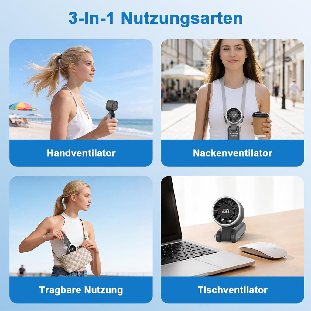 SURFOU Handventilator 4000 mAh Akku, 5 Stufen, faltbar, USB, LED-Anzeige, Schwar
