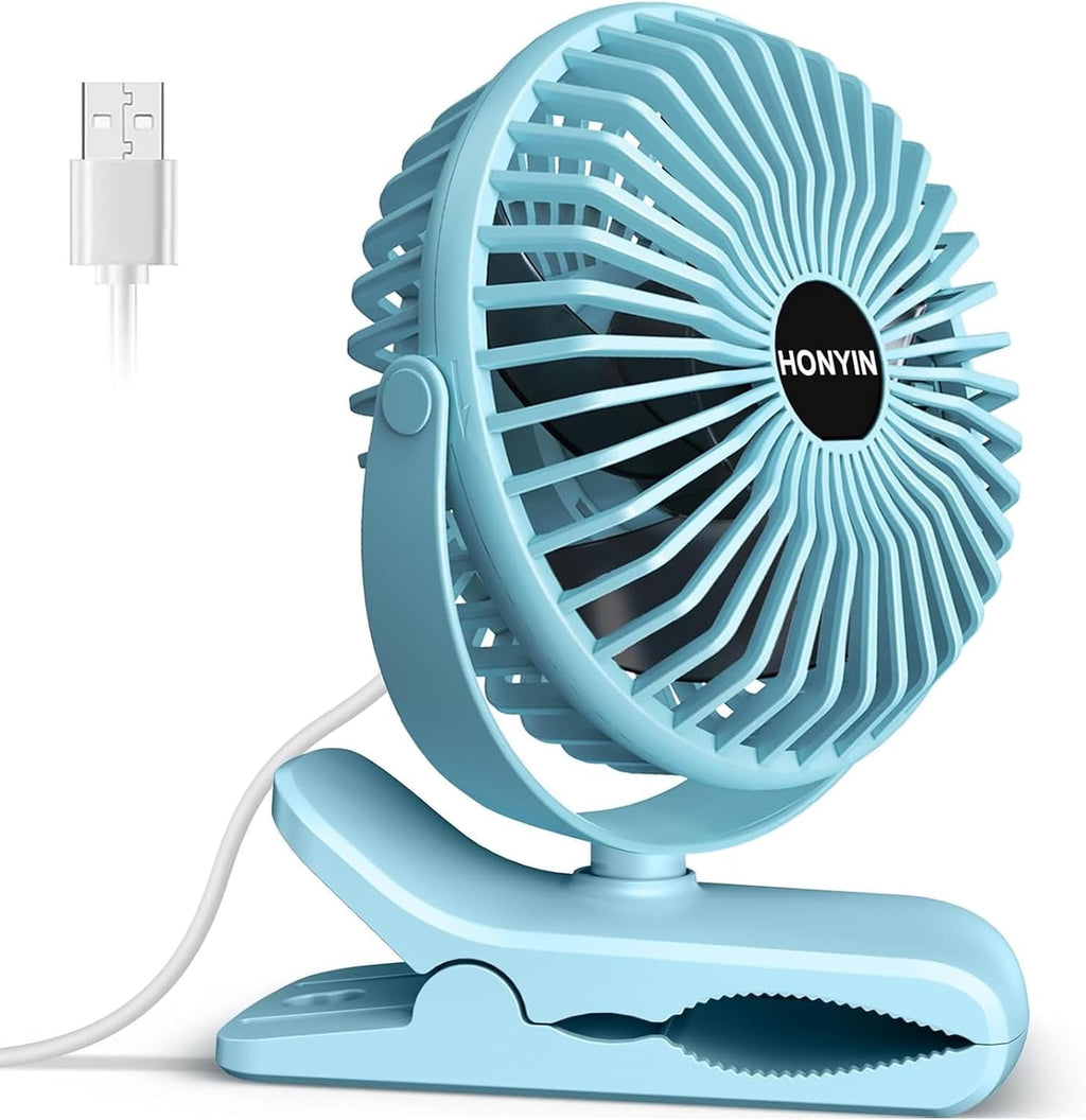 HONYIN Mini Ventilator mit Clip 720° drehbar USB 3 Stufen starke Klammer