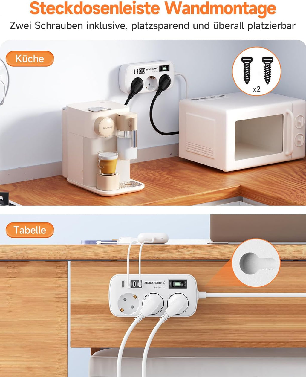 Steckdosenleiste 3-fach mit Ueberspannungsschutz und 4 USB 2x USB-C 1,5m-5m Weiss