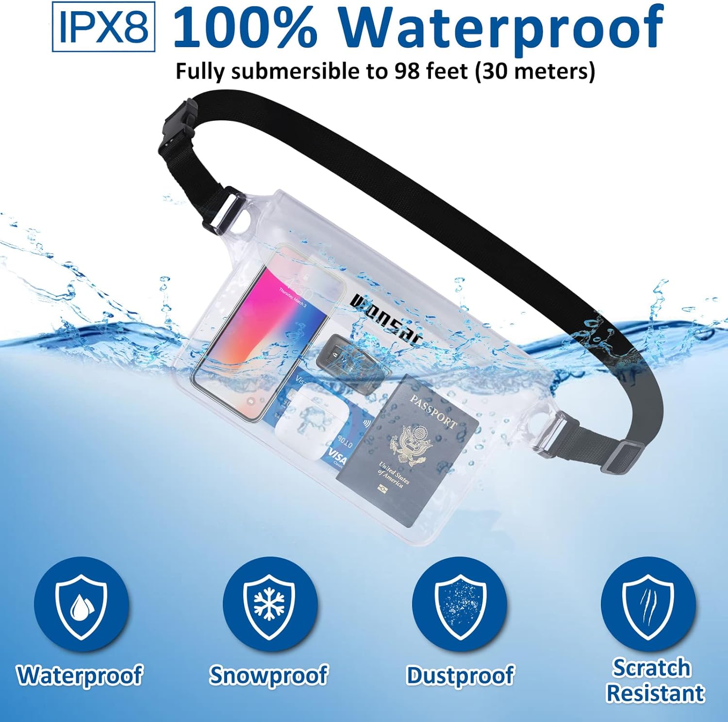 WONSAR wasserdichte Handyhuelle Beutel mit verstellbarem Gurt, transparent