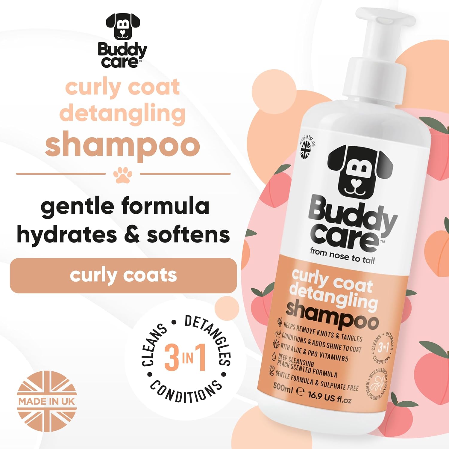 Buddycare Curly Coat entwirrendes Hundeshampoo 500 ml Pfirsichduft Aloe Vera