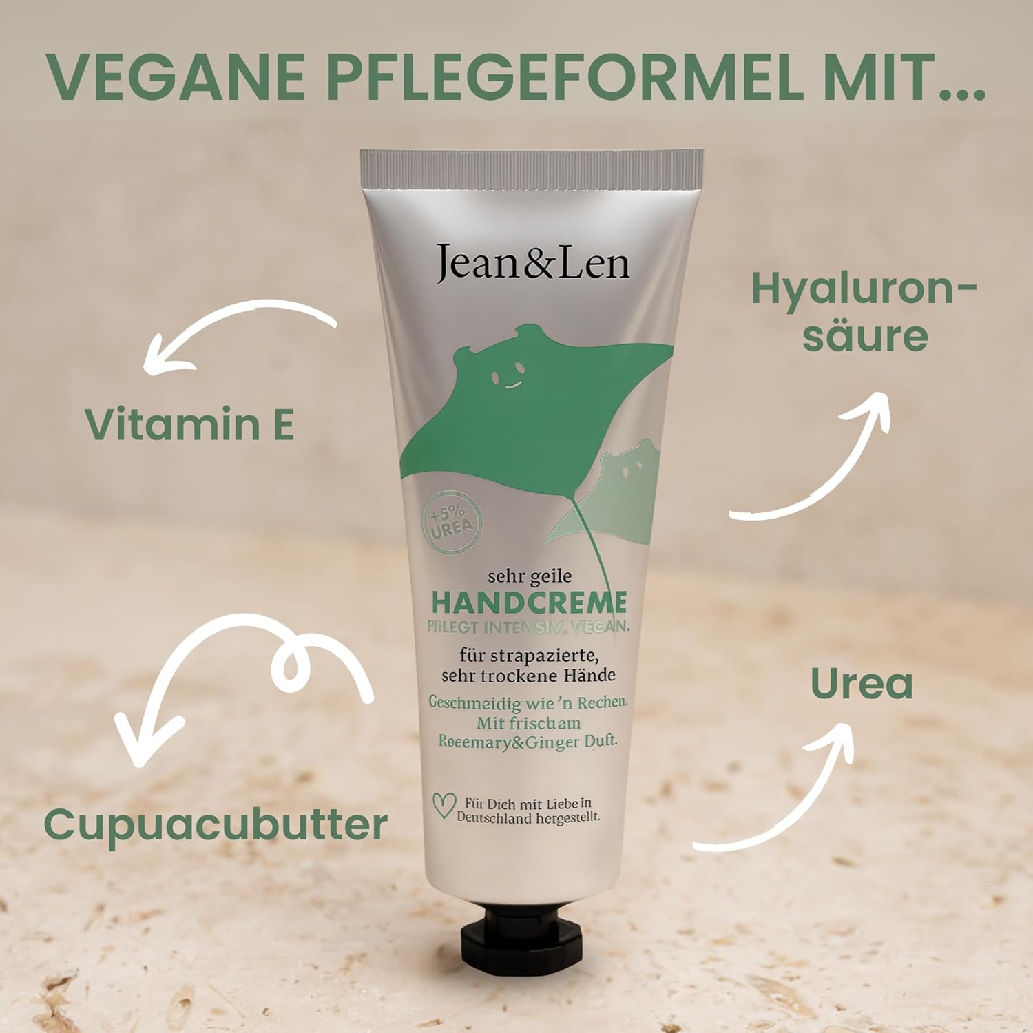 Jean & Len Handcreme Rosemary Ginger Urea vegan fuer trockene Haende