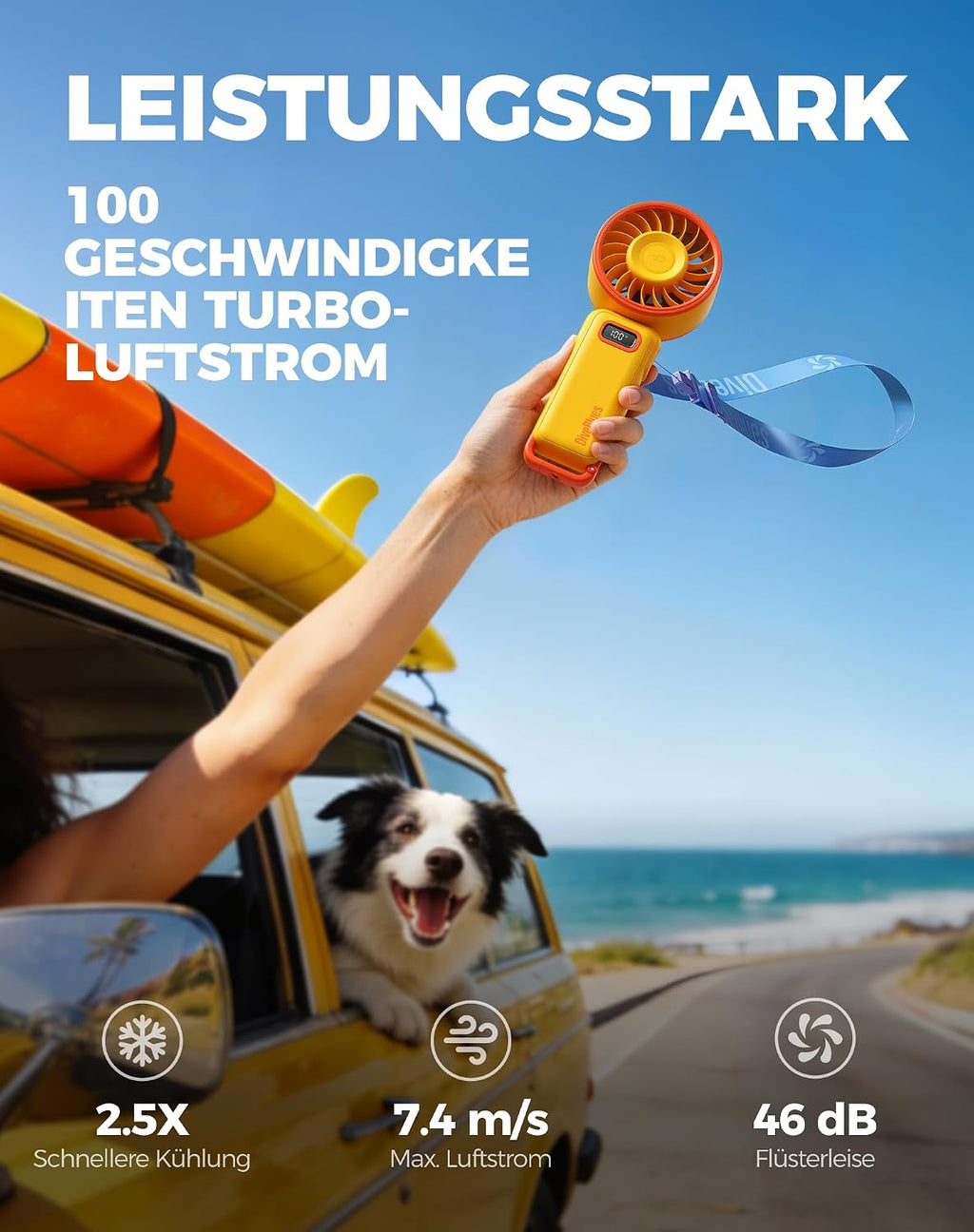 Diveblues Handventilator 4-in-1 faltbar 180° Akku 100 Stufen starker Luftstrom