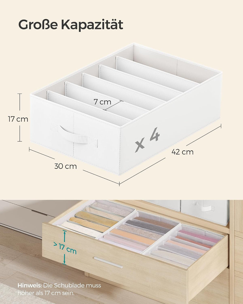SONGMICS Kleiderschrank Organizer 4er Set Aufbewahrungsbox 6 Faecher Schublade