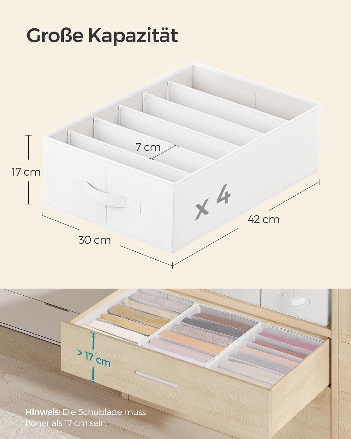 SONGMICS Kleiderschrank Organizer 4er Set Aufbewahrungsbox 6 Faecher Schublade