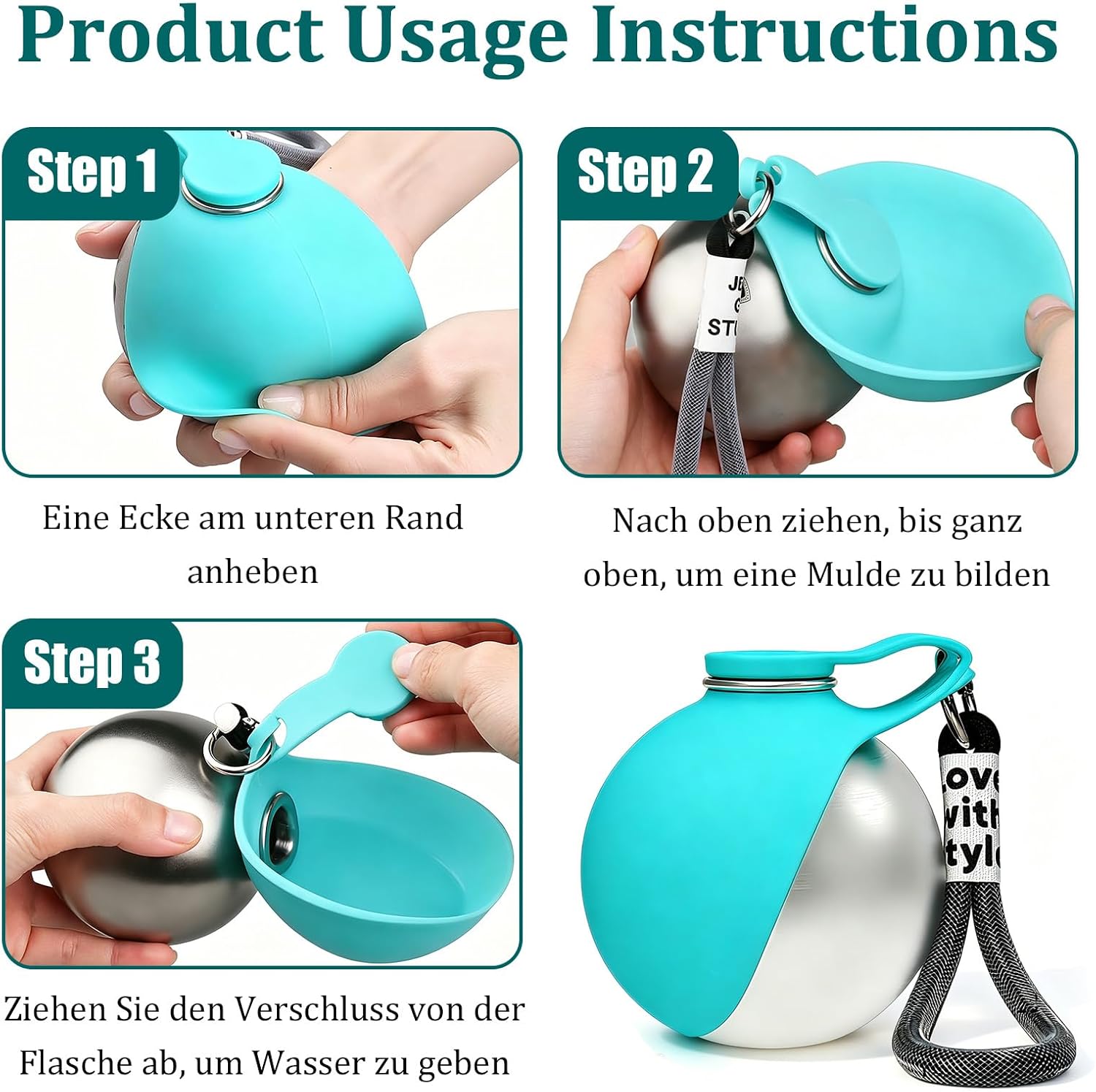 Hunde Trinkflasche 285ml aus Edelstahl mit faltbarem Silikonnapf blau