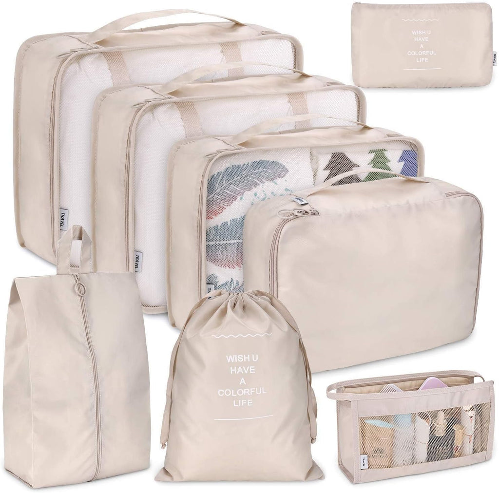 Reise Packwuerfel Set 8-teilig faltbar Gepaeck Organizer Aufbewahrung Beige