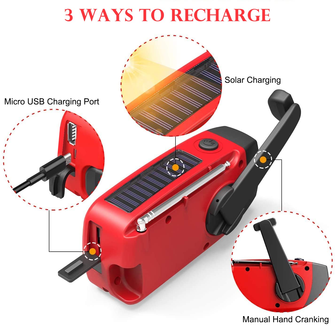 Tragbares Solar Kurbelradio mit AM/FM, 2000mAh Powerbank, LED Lampe, USB, orange