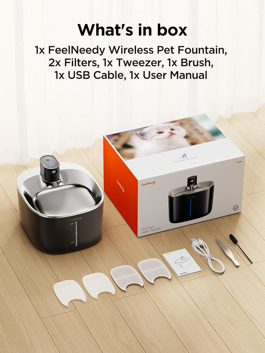 FEELNEEDY kabelloser Trinkbrunnen fuer Katze Edelstahl 4000mAh Sensor
