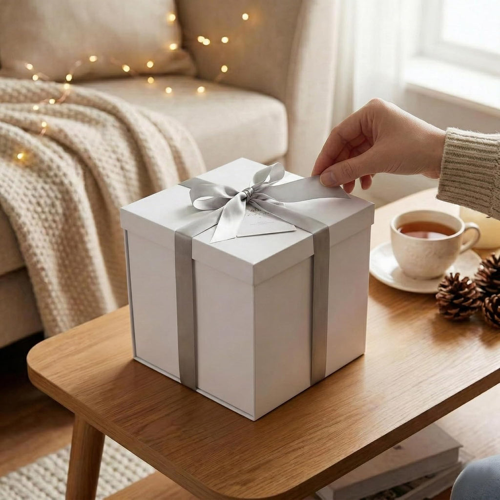 Tekhoho Geschenkbox Weiss 22x22x20,5 cm mit kariertem Innenfutter