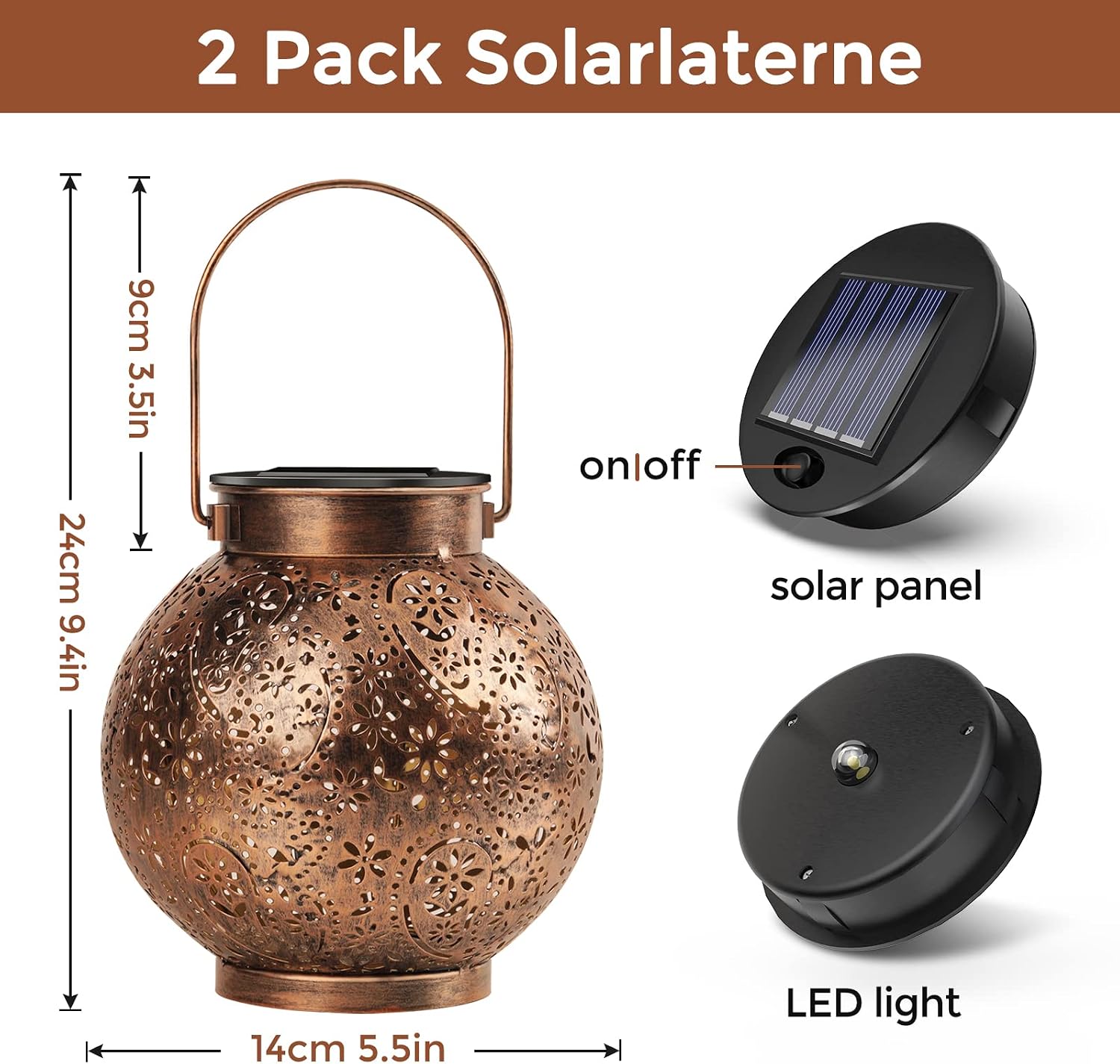 Solarlampe aussen haengend 2er Set IP65 Metall warmweiss Balkon Garten Terrasse