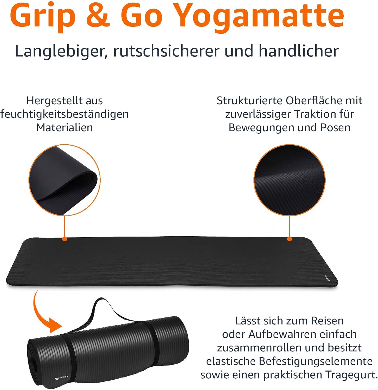 Yogamatte 183 x 61 cm extra dick Fitnessmatte rutschfest Schwarz