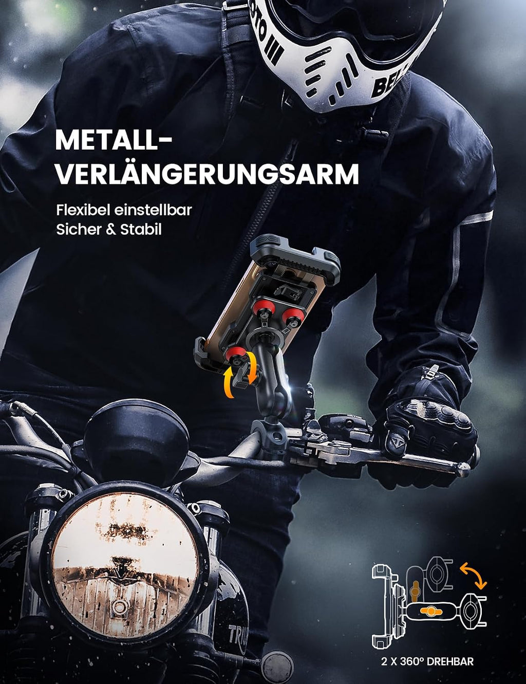 Handyhalterung Motorrad 720° drehbar Vibrationsdaempfer Lenkerhalter