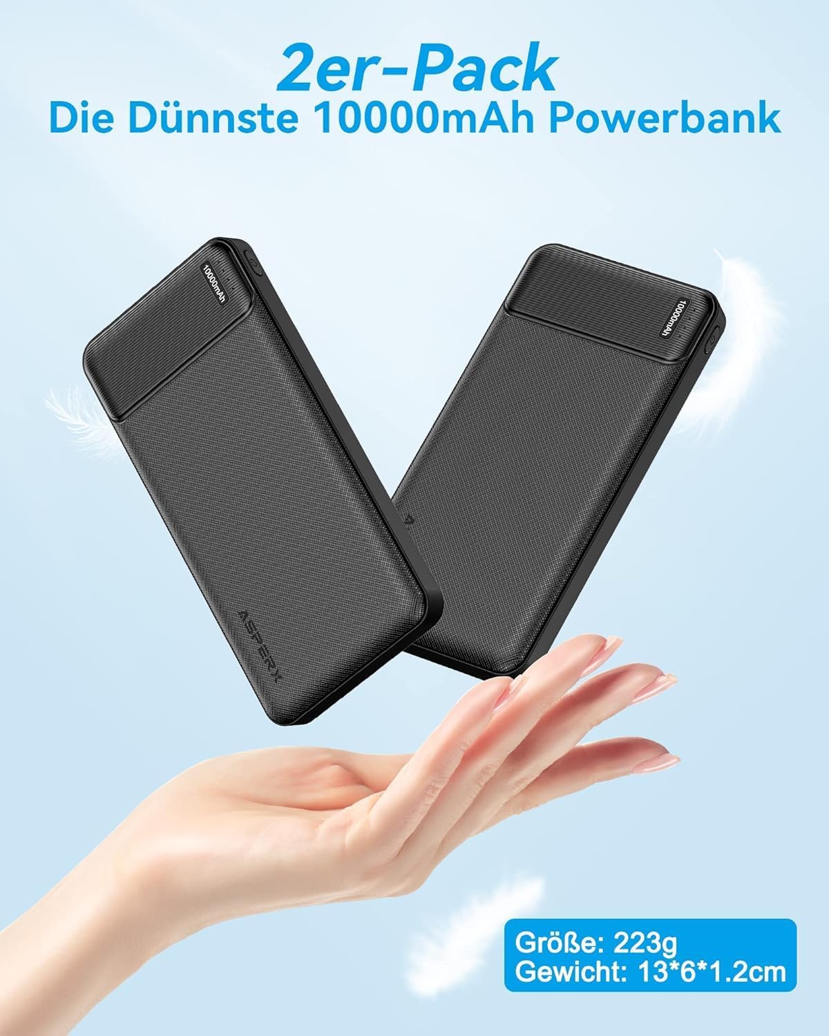 AsperX Power Bank 10000 mAh Dual Pack 4 Ports USB‑C Eingang Ausgang fuer iPhone i