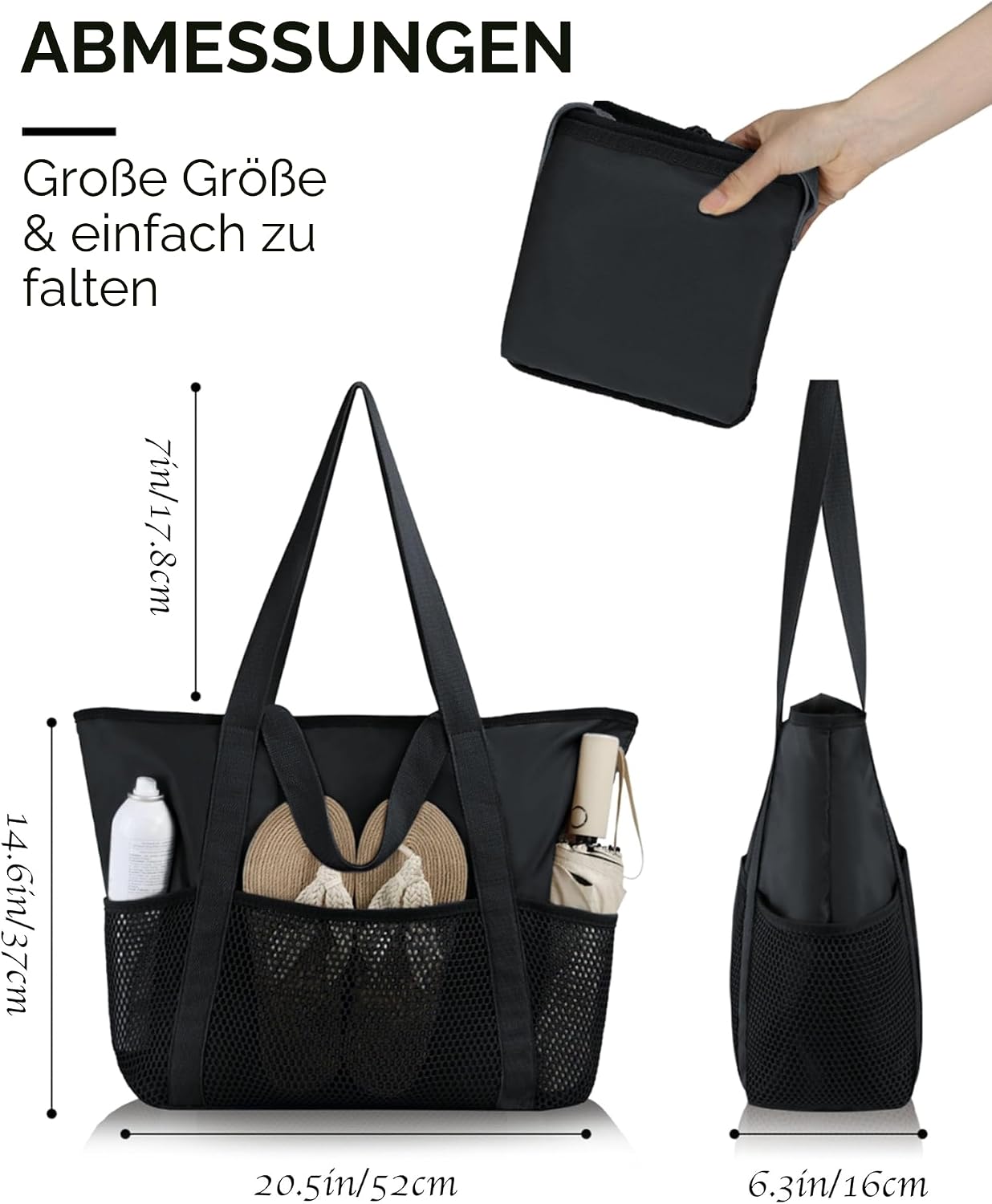 HOMESPON Strandtasche gross mit Reissverschluss, wasserabweisend, Netzfach