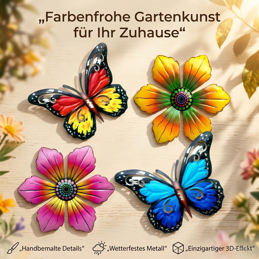 4er-Set Metall Gartenornamente Schmetterling Blumen Wanddeko aussen