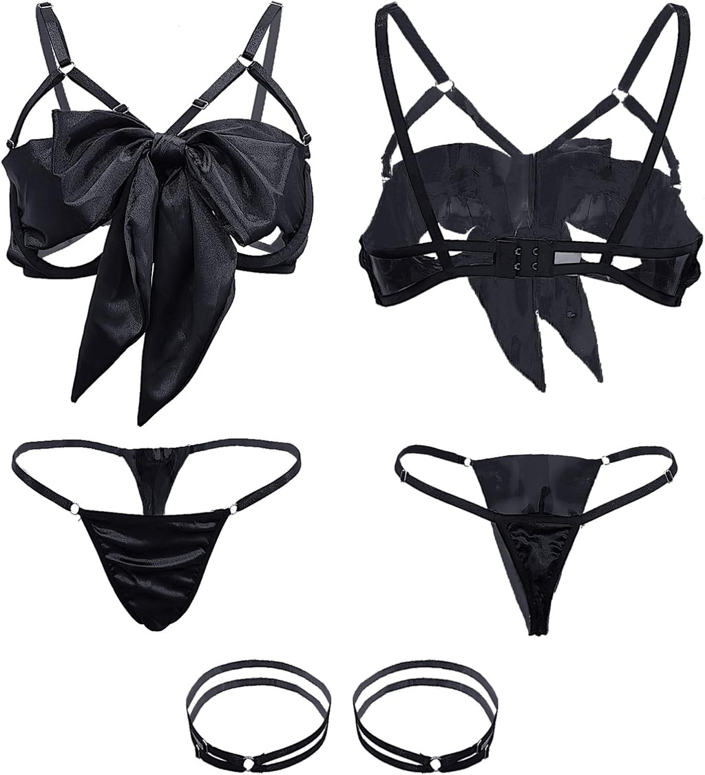 Damen Dessous-Set Sexy Satin Strapsen Hohl BH mit Schleife S-XL