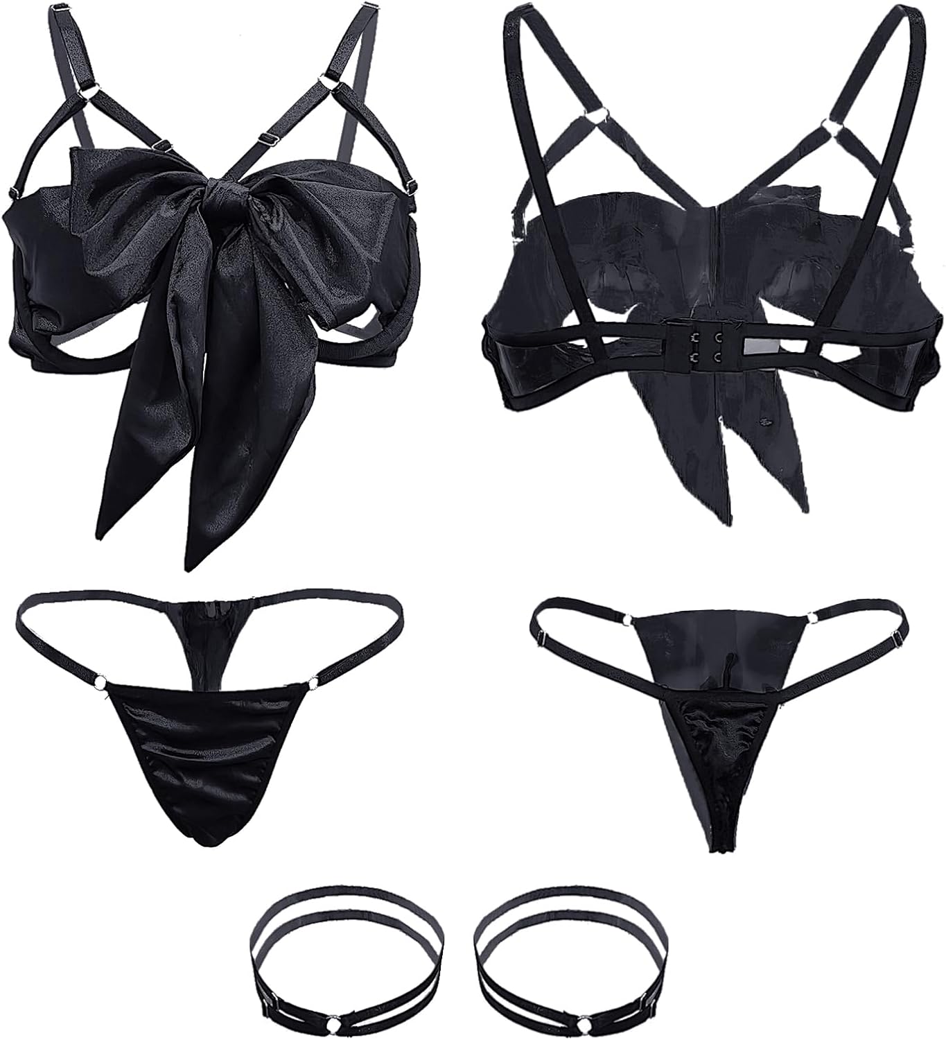 Damen Dessous-Set Sexy Satin Strapsen Hohl BH mit Schleife S-XL