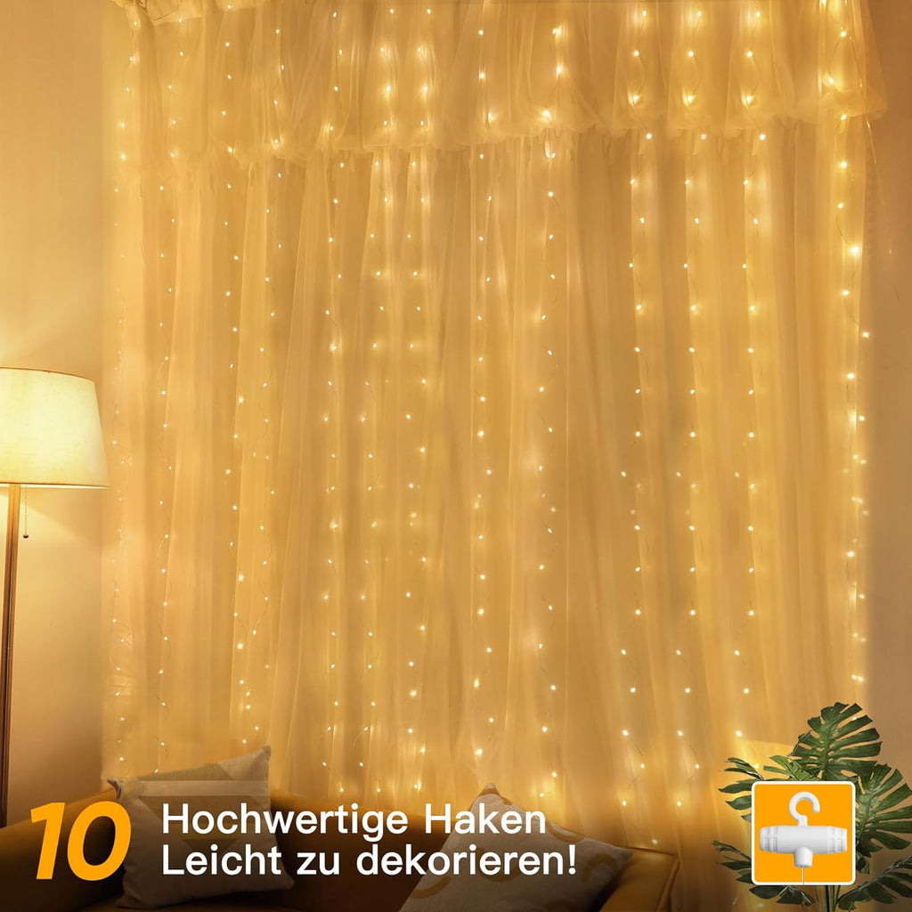 Ollny LED Lichtervorhang 2x2 m 200 LEDs warmweiss USB, Fenster Vorhang mit 10 Hak