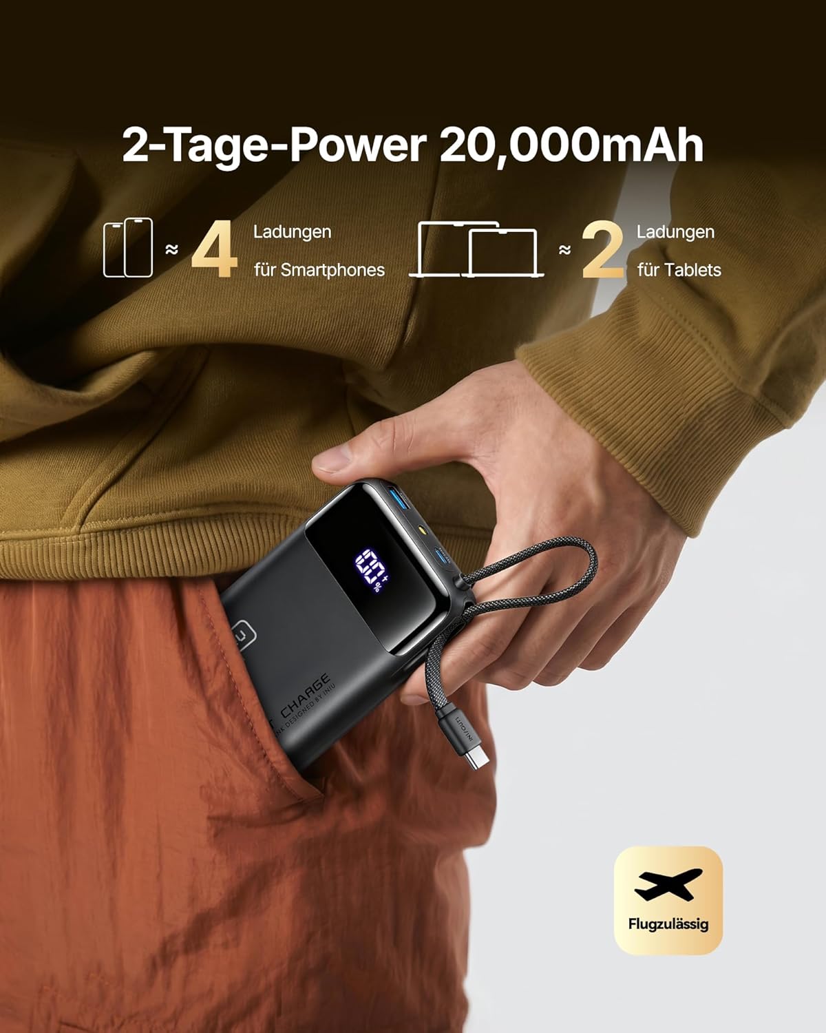 INIU 45W Power Bank 20000 mAh mit integriertem USB‑C Kabel Schnellladen