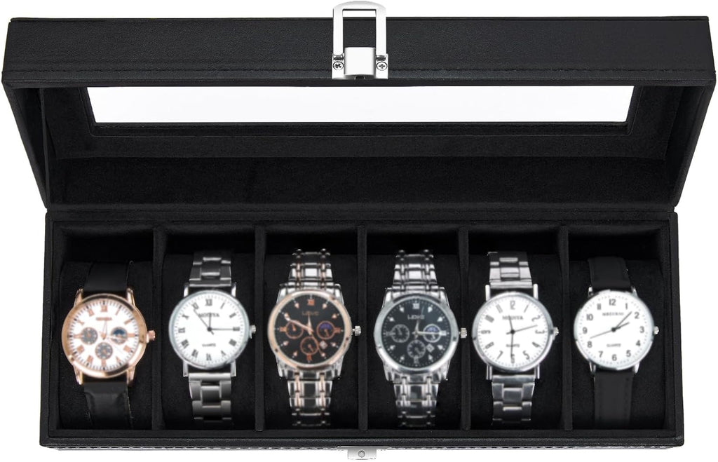 Ohuhu Uhrenbox 6 Faecher mit Glasdeckel Uhrenaufbewahrung