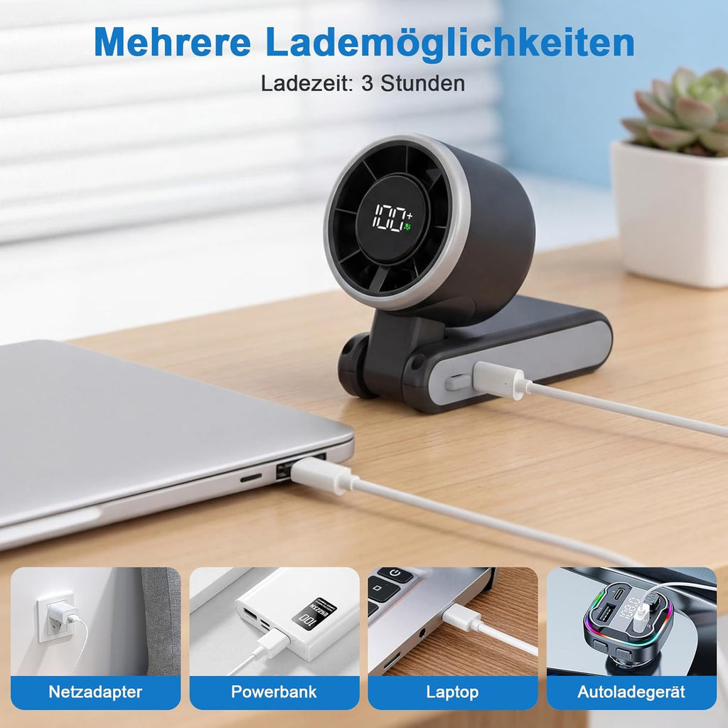 SURFOU Handventilator 4000 mAh Akku, 5 Stufen, faltbar, USB, LED-Anzeige, Schwar