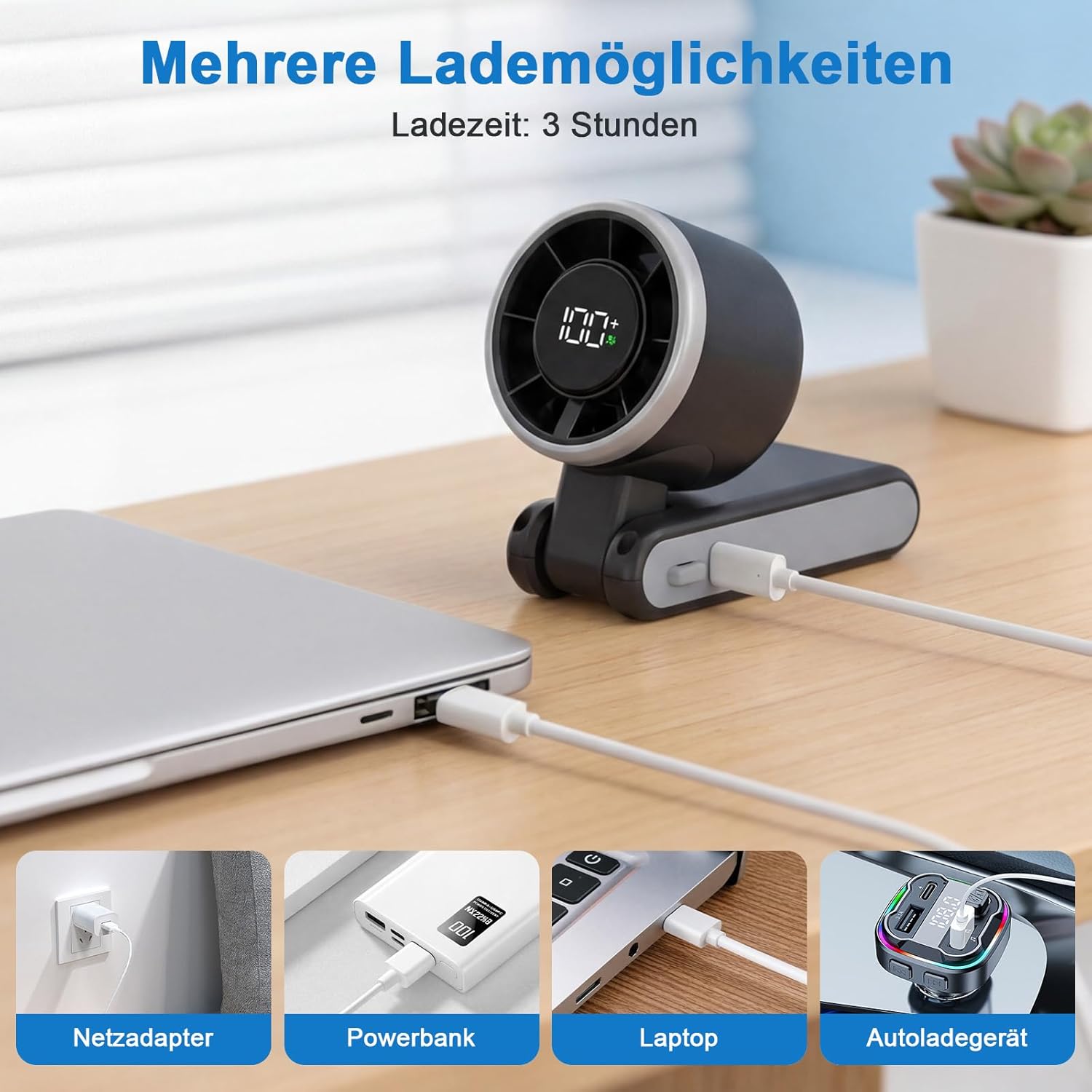 SURFOU Handventilator 4000 mAh Akku, 5 Stufen, faltbar, USB, LED-Anzeige, Schwar