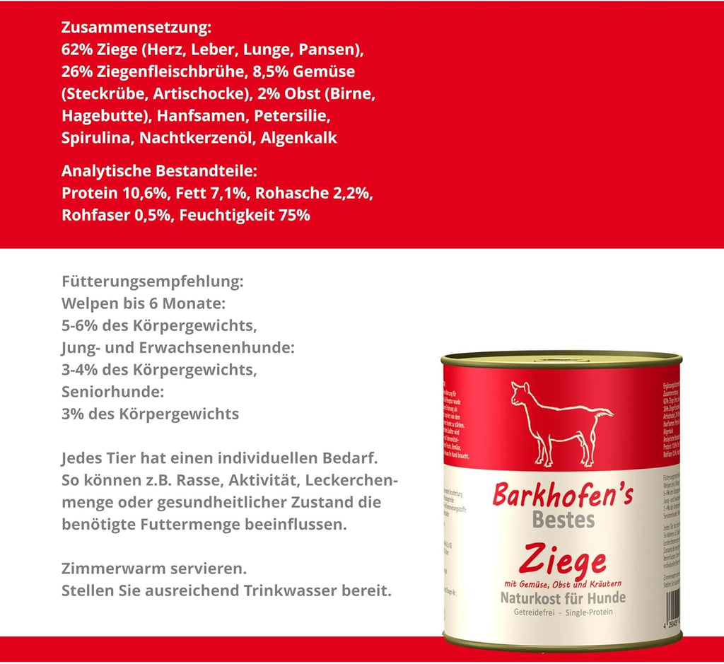 Barkhofen Nassfutter fuer Hund 6 x, getreidefrei, Ziege, verschiedene Sorte
