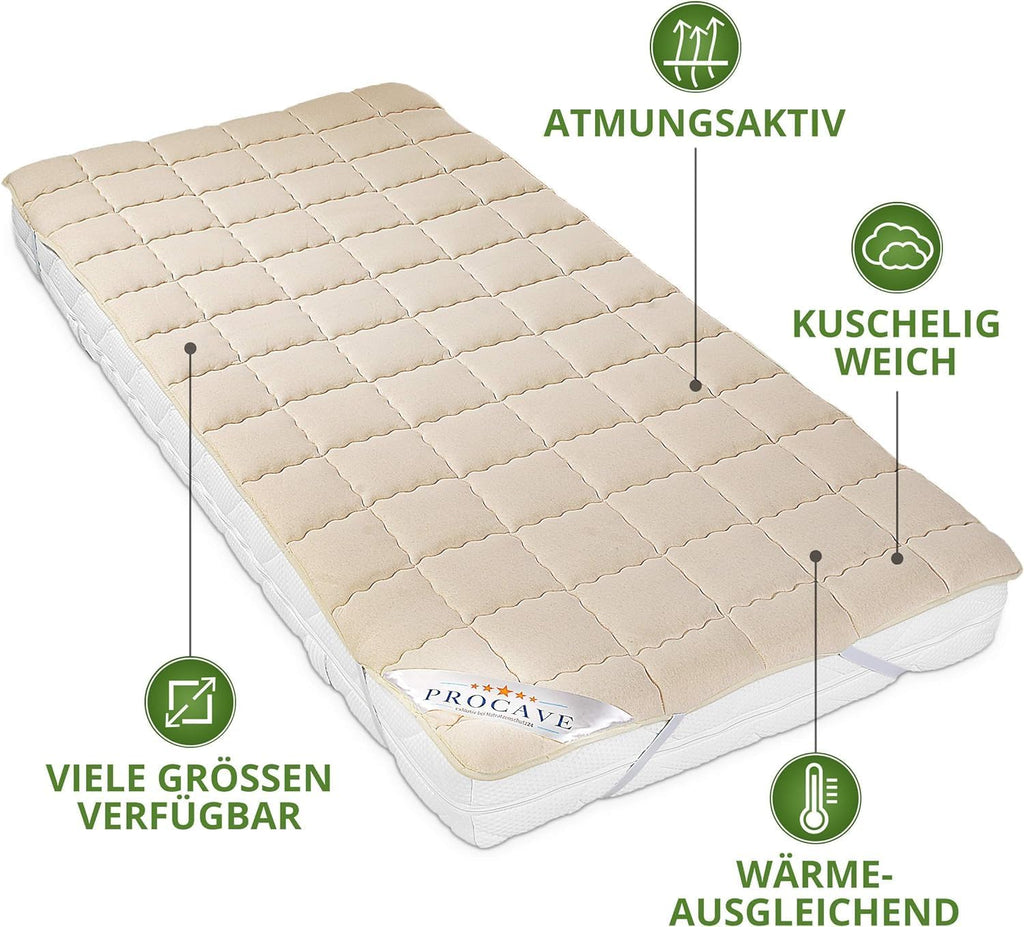 PROCAVE weiches Unterbett aus Schurwolle, atmungsaktiver Matratzen-Schoner, Matr