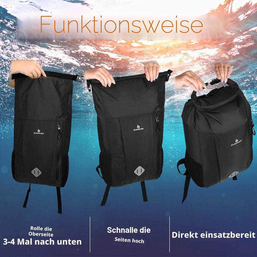 Dry Bag Rucksack 20L wasserdicht IPX8 Rolltop mit Handyhuelle fuer Kajak Strand