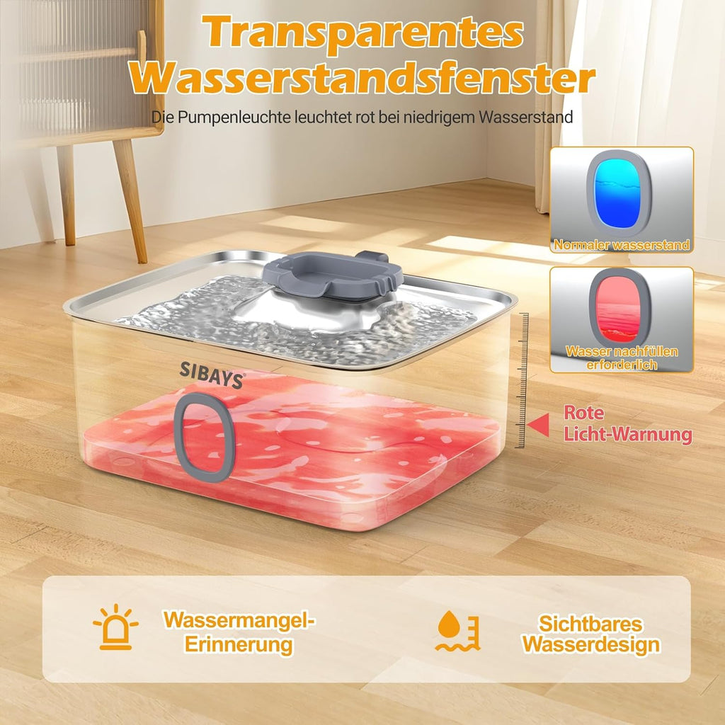 Edelstahl Trinkbrunnen 15L fuer Katze und Hund mit breiter Schale und LED